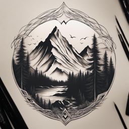 mountain tattoo design, capturing the grandeur and majesty of towering peaks. 