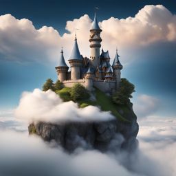 enchanted castle atop a cloud, home to mythical creatures. 