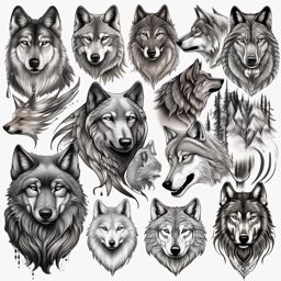 Wolf Tattoo Drawings,array of wolf-themed drawings, capturing the essence of the wild in various artistic styles. , tattoo design, white clean background