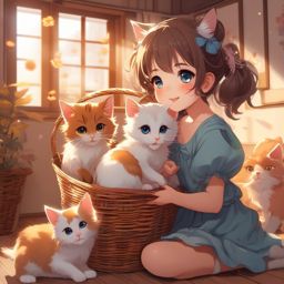 Adorable anime girl with bright eyes and a basket of playful kittens, playing with them in a cozy room.  front facing ,centered portrait shot, cute anime color style, pfp, full face visible