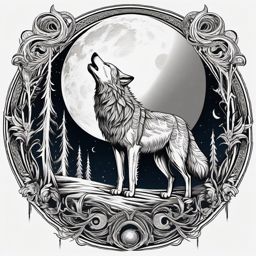Wolf in the Moon Tattoo,moon, a realm for the wolf, depicted in an intricate tattoo. , tattoo design, white clean background