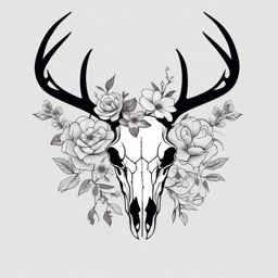 Minimalist deer skull adorned with dainty flowers, simple beauty.  black and white tattoo style