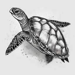 drawing of a sea turtle with fish  minimal rough sketch scribbles,doodles,black and white