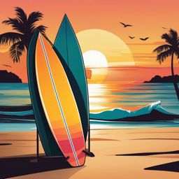 Surfboard on a Sunset Beach Clipart - A surfboard on a beach during a beautiful sunset.  color vector clipart, minimal style