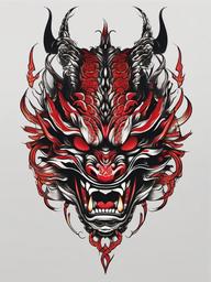 Hannya Mask Dragon Tattoo - Blends the iconic Hannya mask with a dragon motif, creating a powerful and mythical tattoo design.  simple color tattoo,white background,minimal