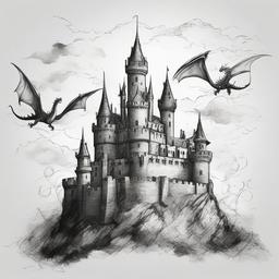 drawing of a castle with dragons flying above  minimal rough sketch scribbles,doodles,black and white