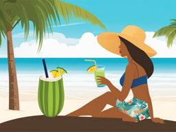 summer clip art,sipping coconut water on a tropical beach 