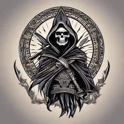 Aztec Grim Reaper Tattoo-Bold and dynamic tattoo featuring a depiction of the Grim Reaper with Aztec-inspired elements, blending themes of death and mythology.  simple color vector tattoo
