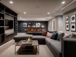 The basement highlights Bauhaus interior design with contemporary furnishings, geometric accents, and an open layout that creates a cozy space for entertainment and relaxation.  