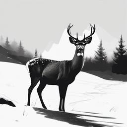 drawing of a deer standing in the snow  minimal rough sketch scribbles,doodles,black and white