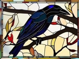 Stained Glass Crow - Crow perched on branch  