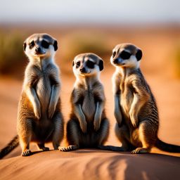 sweet baby meerkats standing guard together in the desert. 