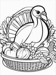 Turkey with a Harvest Basket Coloring Pages - Thanksgiving Turkey with a Basket of Veggies  minimal black outline printable sheet, coloring page