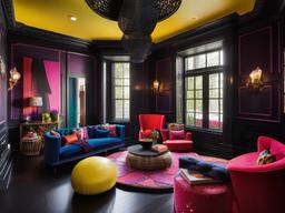 The playroom embodies Gothic interior design with vibrant colors, intricate details, and cozy nooks, providing a dynamic space for children's activities with a touch of drama.  