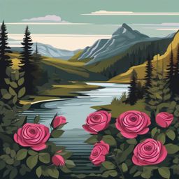 Boreal Rose Clip Art - A hardy boreal rose in a northern landscape,  color vector clipart, minimal style