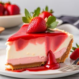 slice of classic strawberry cheesecake, with a graham cracker crust and fresh strawberry topping. 