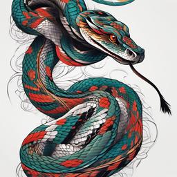 snake oriental tattoo  simple color tattoo,white background,minimal