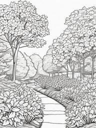 Azalea coloring page sheet - Azalea bushes in full bloom along a garden path.  black outline printable coloring page