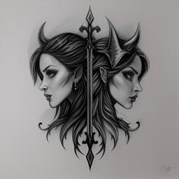 good vs evil pencil sketch drawing, black and white drawing, graphite drawing 