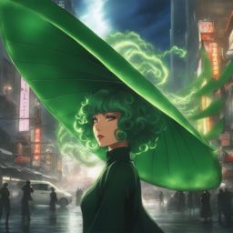 tatsumaki fiercely uses her psychic powers to create a tempestuous whirlwind in a city. 