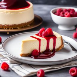 thick and creamy new york cheesecake, adorned with a drizzle of raspberry coulis. 