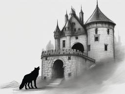 drawing of a wolf in abandoned castle  minimal rough sketch scribbles,doodles,black and white