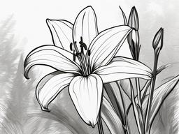 drawing of a lily in a tranquil garden  minimal rough sketch scribbles,doodles,black and white