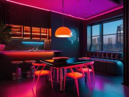 The dining nook features cyberpunk interior design with a stylish table, neon-accented chairs, and urban-inspired decor that creates a vibrant space for casual meals.  