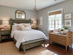 Cottage master bedroom features cozy furnishings, vintage accents, and charming decor that create a quaint and inviting atmosphere.  