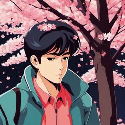 1990 Retro Anime Boy - Contemplates life amidst cherry blossoms.  clipart style