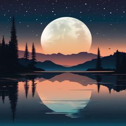 Moonlit lake sticker- Reflective and calm, , sticker vector art, minimalist design