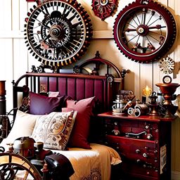 steampunk-inspired bedroom with gears and cogs decor. 