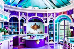 underwater palace kitchen with iridescent seashell tiles and aquatic-themed decor. 