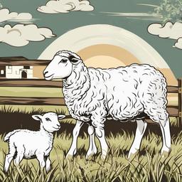 Sheep clipart - sheep with a lamb in a farm setting  