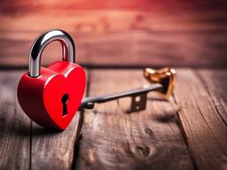 Valentines Day background - Close-up of a red heart lock and key on a wooden surface  aesthetic background wallpaper