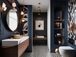 A small bathroom designed with surrealist interior design highlights abstract tiles, playful decor, and unconventional fixtures that elevate the space into a stylish and whimsical retreat.  