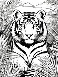 Tiger Coloring Pages - Tiger surrounded by lush plants in the rainforest  simple coloring pages