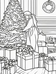 Christmas Morning Coloring Pages - Excitement of Opening Presents  minimal black outline printable sheet, coloring page