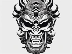 Oni Mask with Snake Tattoo - Incorporates a snake motif with the powerful Oni mask in tattoo art.  simple color tattoo,white background,minimal