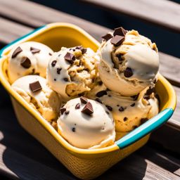 chocolate chip cookie dough ice cream enjoyed on a sunny park bench. 