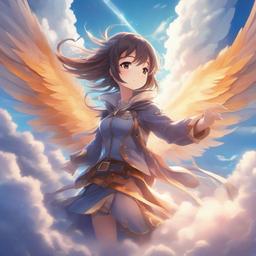 Anime character with magical wings soaring through the clouds.  front facing ,centered portrait shot, cute anime color style, pfp, full face visible