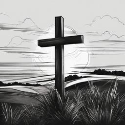 drawing of a cross at sunset  minimal rough sketch scribbles,doodles,black and white