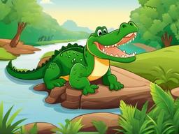 Crocodile Cartoon - Cartoon of crocodile sunning on riverbank  