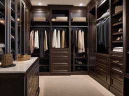 In the walk-in closet, Regency interior design includes luxurious finishes, elegant storage solutions, and tasteful accents that create a stylish and organized dressing area.  