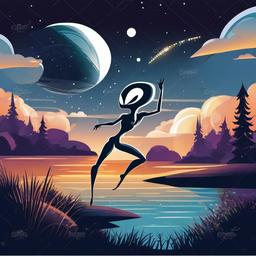 Alien dancing under the stars clipart.  vector style illustration, white background