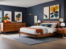 Mid-century modern bedroom features a retro-style bed, wooden nightstands, and vibrant art pieces that add character to the space.  