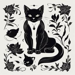 Black Cat Tattoo Flash - Flash art style tattoo featuring a black cat design.  minimal color tattoo, white background