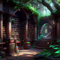 elf village library filled with ancient elven scrolls and mystical relics. 