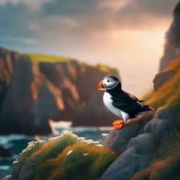 Cute Puffin Nesting on a Rocky Cliff 8k, cinematic, vivid colors