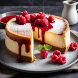 thick and creamy new york cheesecake, adorned with a drizzle of raspberry coulis. 